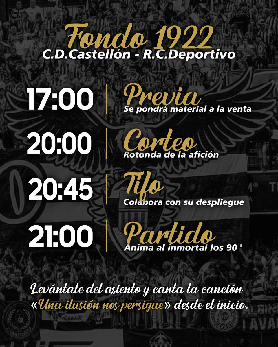 ¡UNA ILUSIÓN NOS PERSIGUE!

🕔 17:00 - Previa
📍20:00 - Corteo desde la rotonda de la afición
🖌️ 20:45 - Tifo, colabora con el despliegue
🕘 21:00 - Anima al inmortal los 90'