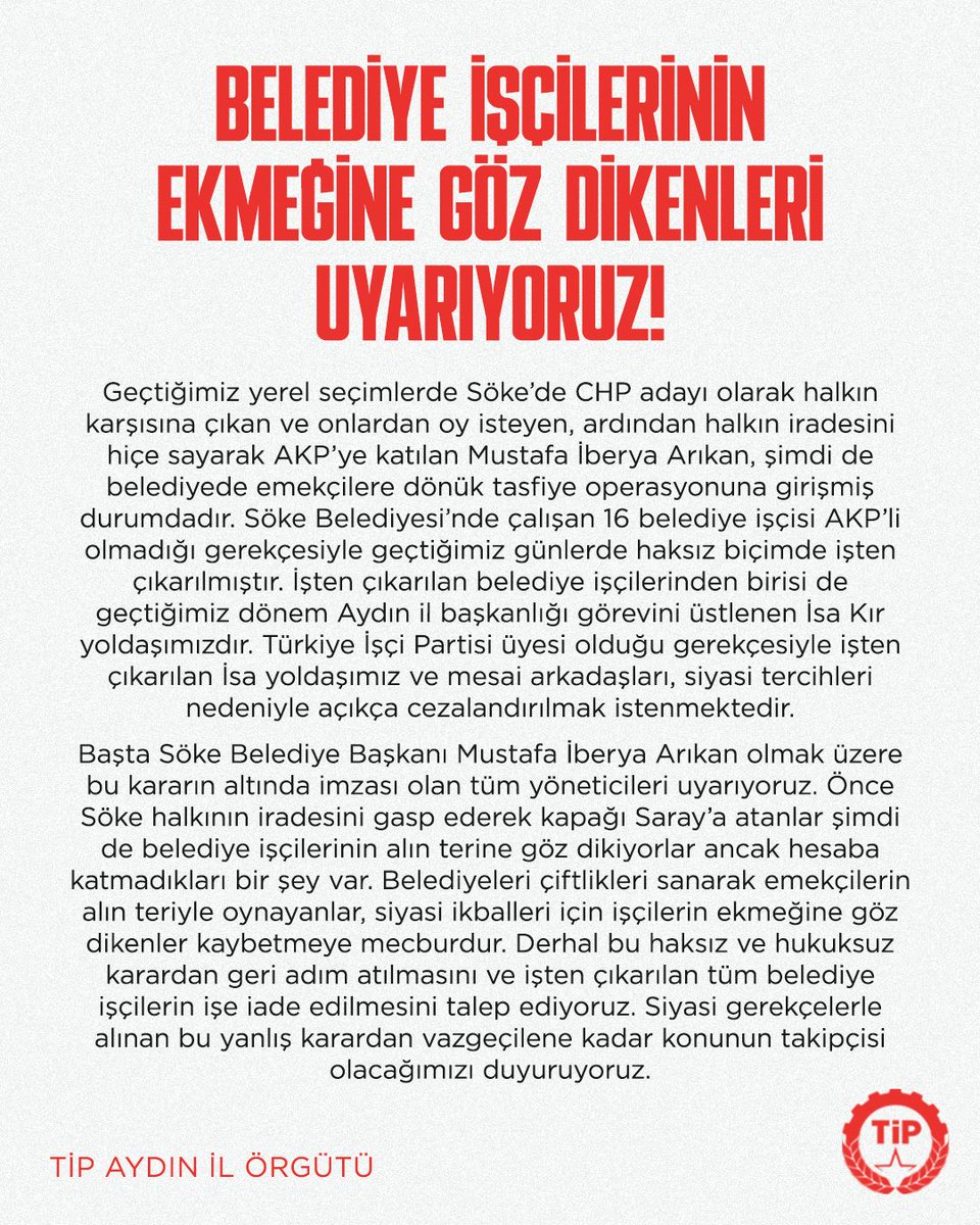 TipAydin's tweet photo. BELEDİYE İŞÇİLERİNİN EKMEĞİNE GÖZ DİKENLERİ UYARIYORUZ!

Önceki dönem il başkanımız İsa Kır yoldaşımız ve beraberinde işten çıkartılan işçiler işlerine geri dönene kadar konun takipçisi olacağız.

 Söke belediye işçileri yanlız değildir! https://t.co/IxRk4YHIV3