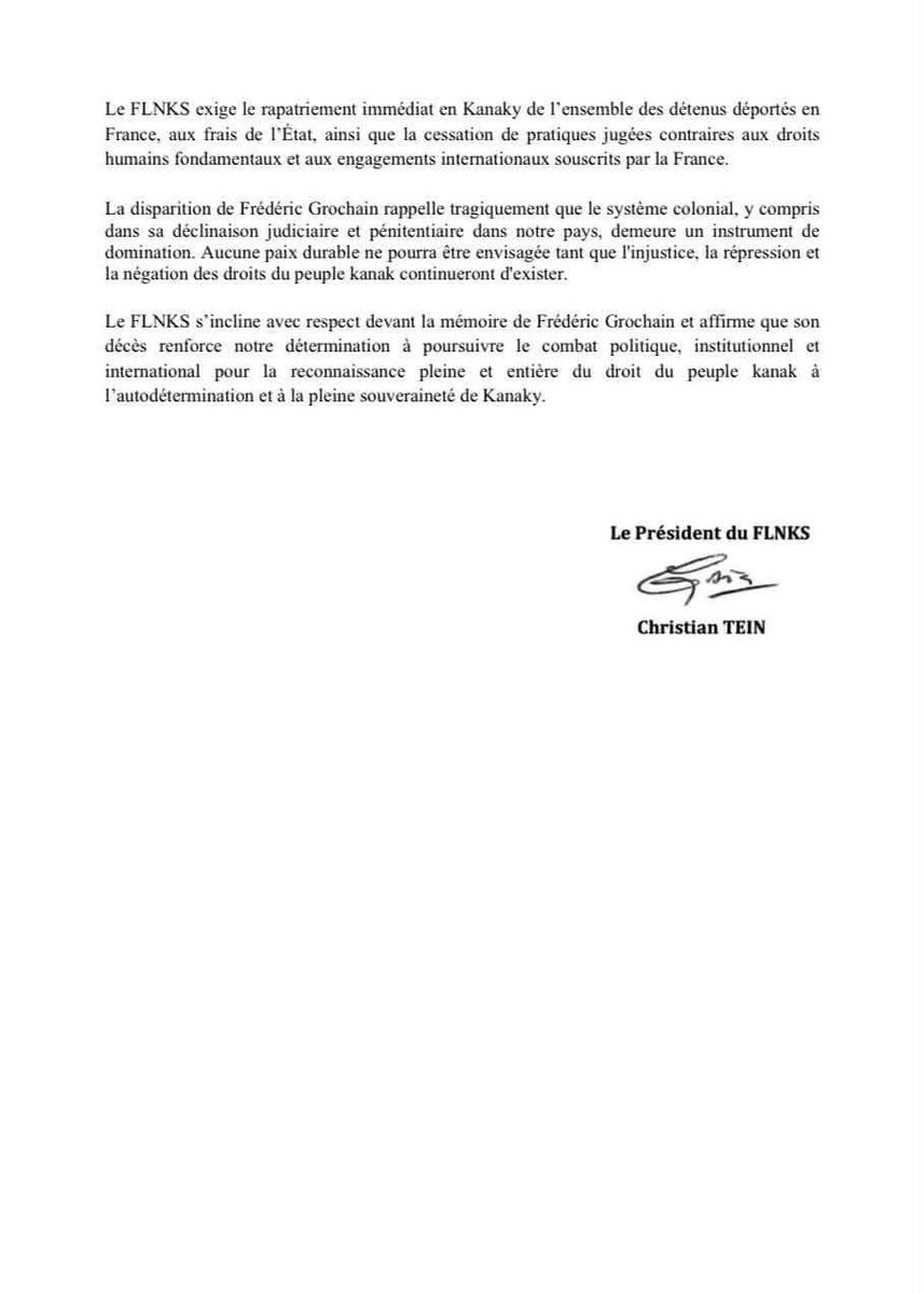 𝐃𝐄𝐂𝐄𝐒 𝐃'𝐔𝐍 𝐊𝐀𝐍𝐀𝐊 𝐃𝐀𝐍𝐒 𝐔𝐍𝐄 𝐏𝐑𝐈𝐒𝐎𝐍 𝐃𝐄 𝐅𝐑𝐀𝐍𝐂𝐄 : 𝐋𝐀 𝐑𝐄𝐒𝐏𝐎𝐍𝐒𝐀𝐁𝐈𝐋𝐈𝐓𝐄 𝐃𝐄 𝐋'𝐄𝐓𝐀𝐓 𝐄𝐒𝐓 𝐄𝐍𝐆𝐀𝐆É𝐄 
Le #FLNKS adresse  condoléances les plus respectueuses et solidaires à la famille, le clan et les proches de Frédéric Grochain .
