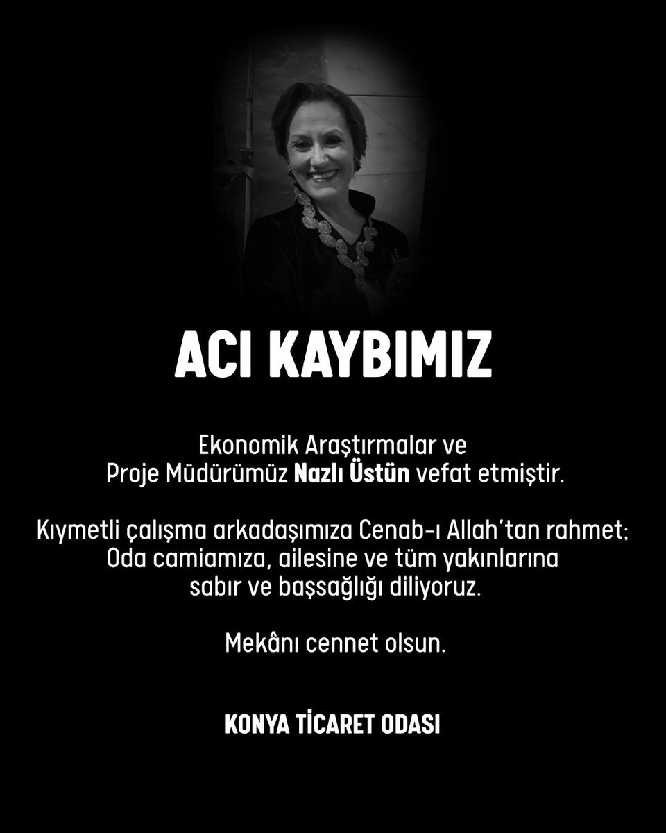 ACI KAYBIMIZ

Ekonomik Araştırmalar ve Proje Müdürümüz Nazlı Üstün vefat etmiştir.

Kıymetli çalışma arkadaşımıza Cenab-ı Allah’tan rahmet; Oda camiamıza, ailesine ve tüm yakınlarına sabır ve başsağlığı diliyoruz.

Mekânı cennet olsun.