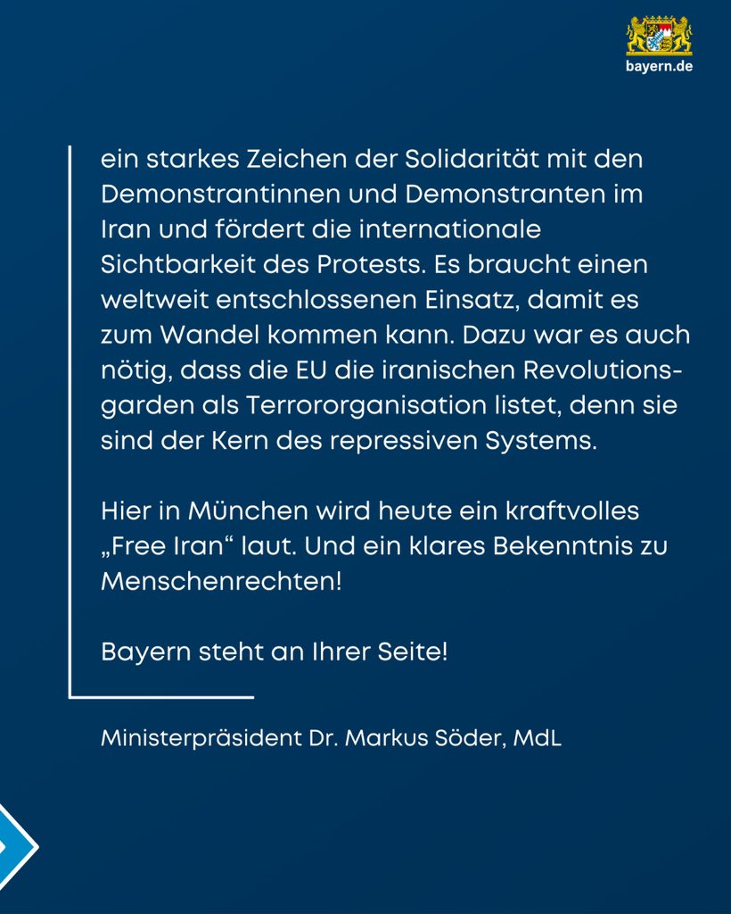 #FreeIran! Bayern steht an der Seite der friedlichen Demonstrationen im Iran. Die heutige Großkundgebung auf der #Theresienwiese in München leistet einen bedeutenden Beitrag. Sie setzt ein starkes Zeichen der Solidarität und fördert die internationale Sichtbarkeit des Protests.