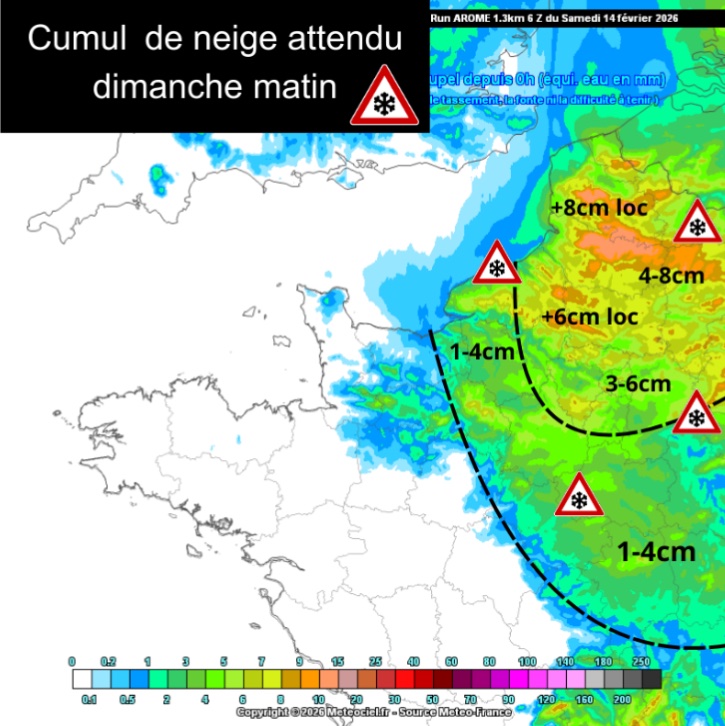🌨️❄️ Cumuls de neige attendus dimanche matin

En #IDF : 3 à 6 cm en général,
⚠️ +6 cm loc, voire 8 cm très localement selon l’axe le plus actif.

Tenue possible au réveil avant un redoux rapide.

#neige #neigeverglas #hiver #meteo