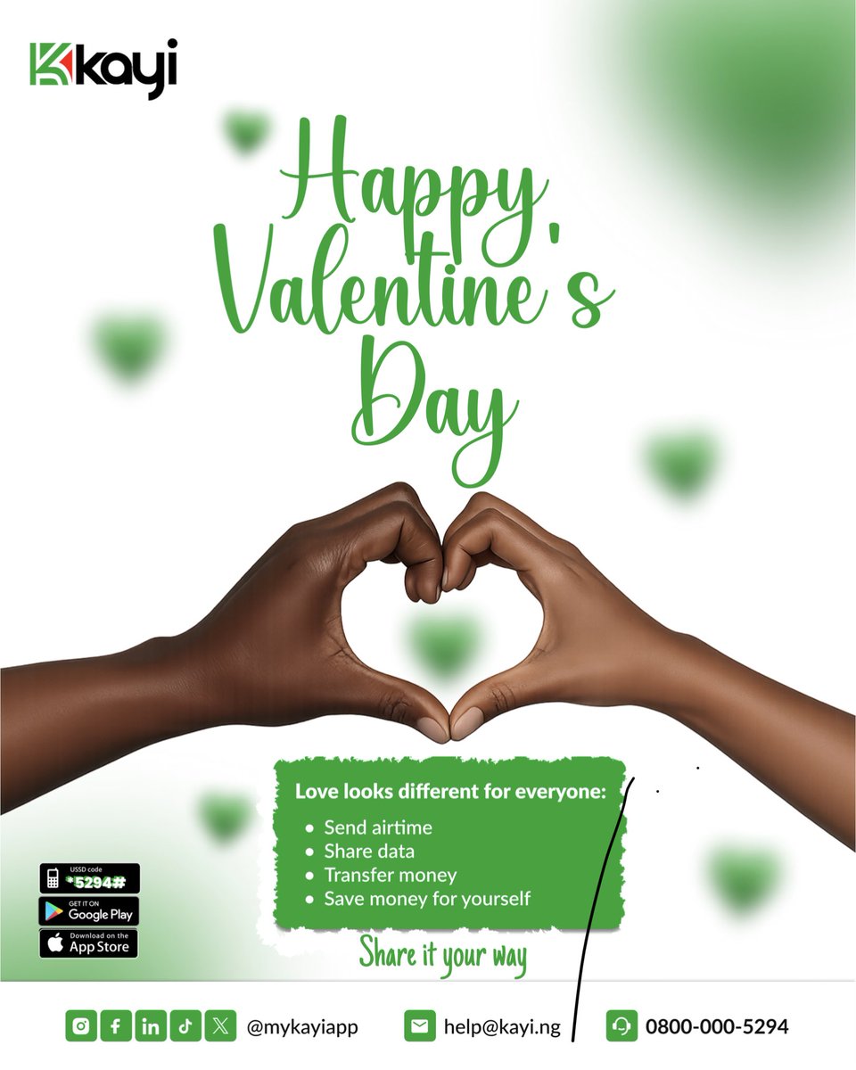 mykayiapp's tweet photo. Not all love comes with flowers 🌹
Some come as airtime, data, or money sent right on time ❤️
However you choose to show love, KayiApp makes it easy 💚
#ValentinesDay
#LoveThatCares
#MyKayiApp
#Kayiway
#DigitalBanking https://t.co/fTdr0n4WQt