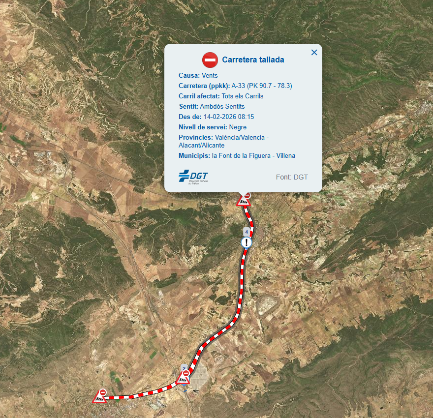 📢⚫️Por fuertes rachas de viento, cortada la A-33, desde La Font de la Figuera (Valencia) hasta Caudete (Albacete).

➡️Cortada en ambos sentidos.

⚠️Eviten desplazamientos innecesarios.