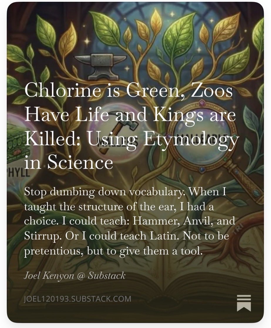 Really good blog by <a href="/joel120193/">Joel Kenyon</a> on etymology as a tool for learning complex scientific vocabulary in science lessons (not just a one-off photosynthesis filler/explainer).

open.substack.com/pub/joel120193…