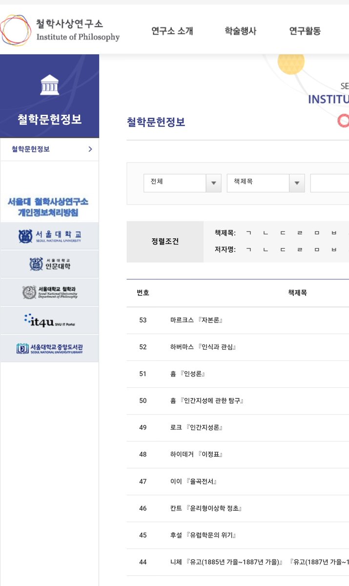 hhheeelll9's tweet image. 모르시는분이 많은데 철학 관심있지만 어디서 더 봐야할지 모르겠을때

서울대 철학사상 연구소 ㅡ철학문헌정보
정말 많은 자료를 무료로! pdf로! 제공해준답니다...
당연 누구나 받을수있슴
철학 입문서로는 좀 더 욕심이 싶을때 보시면 딱좋습니다