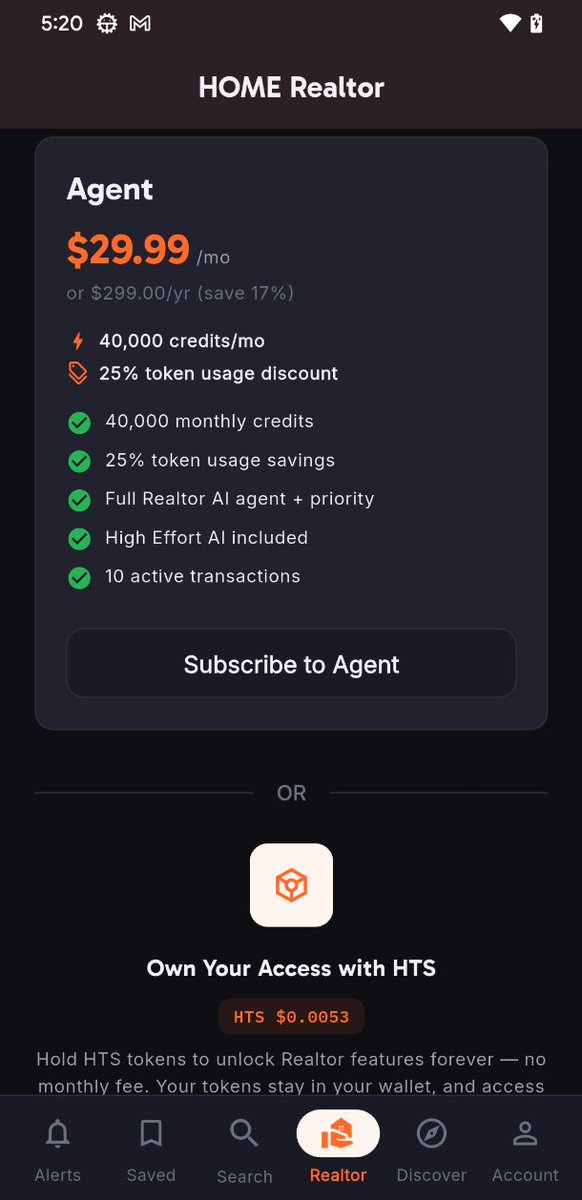 Home3Suite's tweet photo. Home3 App Update - The AI Realtor Is Coming

The Home3 app is getting a massive upgrade. What started as a property search tool with basic AI chat is evolving into a full AI-powered real estate platform, and $HTS holders will get early access to the most powerful features.

We're in the final stages of internal testing and targeting release soon. Here’s what’s coming.

🤖 AI That Actually Helps You Buy a Home

Home3 will feature two AI modes:

🔸 Scout AI will be available to everyone. It helps you search for properties, explore neighborhoods, calculate mortgage payments, and get quick market insights, all through natural conversation. Ask it anything about a property and it pulls real data, not generic answers.

🔸 The AI Realtor is where things get serious. This is a multi-agent system with four specialized AI agents, each trained for a different part of the home buying process. One handles property deep-dives and comparative market analysis. Another drafts offers and manages documents. A third tracks your transaction from offer to closing. They hand off to each other automatically based on what you need.

The Realtor will be able to:

🔸 Generate full CMA reports with comparable sales data
🔸 Draft and refine purchase offers
🔸 Analyze disclosures, inspections, and contracts
🔸 Track transaction milestones from offer to close
🔸 Handles complex correspondence with realtors/agents to schedule and book tours/appointments around your availability
🔸 Contact listing agents on your behalf (with your approval)
🔸 Pull demographics, crime stats, and rent estimates for any neighborhood
🔸 Every conversation streams in real-time, and the AI remembers your full conversation history - pick up right where you left off.

High Effort AI, available exclusively on the Agent tier, will use our most powerful model for complex analysis. Think multi-property comparisons, detailed investment scenarios, and nuanced contract review. You'll be able to toggle it on per-conversation when you need the extra depth.

All AI features include Fair Housing Act compliance and legal boundary guardrails built into every response.

🌟 Three Tiers, Built Around How You Use the App

🔸 Scout (Free) - 1,000 credits per month, property search, basic AI chat, and market analysis. No account needed to start, just verify your email to unlock monthly credits.

🔸 Buyer ($9.99/mo) - 15,000 monthly credits, 10% AI cost discount, and full access to the AI Realtor with all specialized agents and tools. Up to 3 active transactions.

🔸 Agent ($29.99/mo) - 40,000 monthly credits, 25% AI cost discount, everything in Buyer plus High Effort AI, up to 10 active transactions, and priority processing.

Credits power every AI interaction. Basic tasks like a quick property question cost just a few credits. Deep analysis like a full CMA report costs more. You'll always see exactly what each call costs.

Credit top-up packs will give bonus credits on larger purchases, up to 25% extra on our biggest pack. Subscriptions separately reduce your per-call AI cost by 10-25%, so subscribers get more out of every credit.

🪙 HTS Token-Gating - Hold to Unlock

$HTS holders will be able to unlock subscription tiers just by holding tokens in their wallet:

🔸 Hold $500+ in $HTS - unlocks Buyer tier access
🔸 Hold $2,000+ in $HTS - unlocks Agent tier access

Connect your wallet in the app, and Home3 verifies your balance automatically. No staking and no lockup required.

Token-gated access gives you everything a paid subscriber gets: full Realtor agent access, AI cost discounts, and increased transaction limits. The only difference is that monthly credit grants come with paid subscriptions - token holders can top up with credit packs at any time.

👍 Built for Reliability

Home3's backend has been rebuilt from the ground up on Google Cloud Platform. The API auto-scales to handle demand, all sensitive credentials are managed server-side (your device never touches API keys), and the system is designed to degrade gracefully so if any external service goes down, the rest of the app keeps working.

🤝 Built for Trust

Every AI conversation in Home3 will run through Fair Housing Act compliance guardrails and legal boundary rules. Payments will be processed through Stripe with industry-standard security. And the entire codebase is built with clean, modular architecture so as we ship new features, the foundation stays solid.

🗓️ What's Next

We're moving into our final phases of internal testing and working toward a public release. Here's what's on the roadmap beyond launch:

🔸 Voice calling - speak directly with your AI Realtor, and authorize it to contact listing agents, lenders, and other parties on your behalf, all within applicable state and federal regulations
🔸 Investor tier - bulk analysis, portfolio dashboards, and unlimited AI for serious buyers
🔸 Enhanced crypto integration - deeper HTS utility across the platform
🔸 Continued refinement - ongoing improvements based on community feedback

We're building Home3 for the long run, and $HTS holders are at the center of it. Stay tuned for the release - we'll announce it here first.

In the meantime, let us know what you're most excited about.