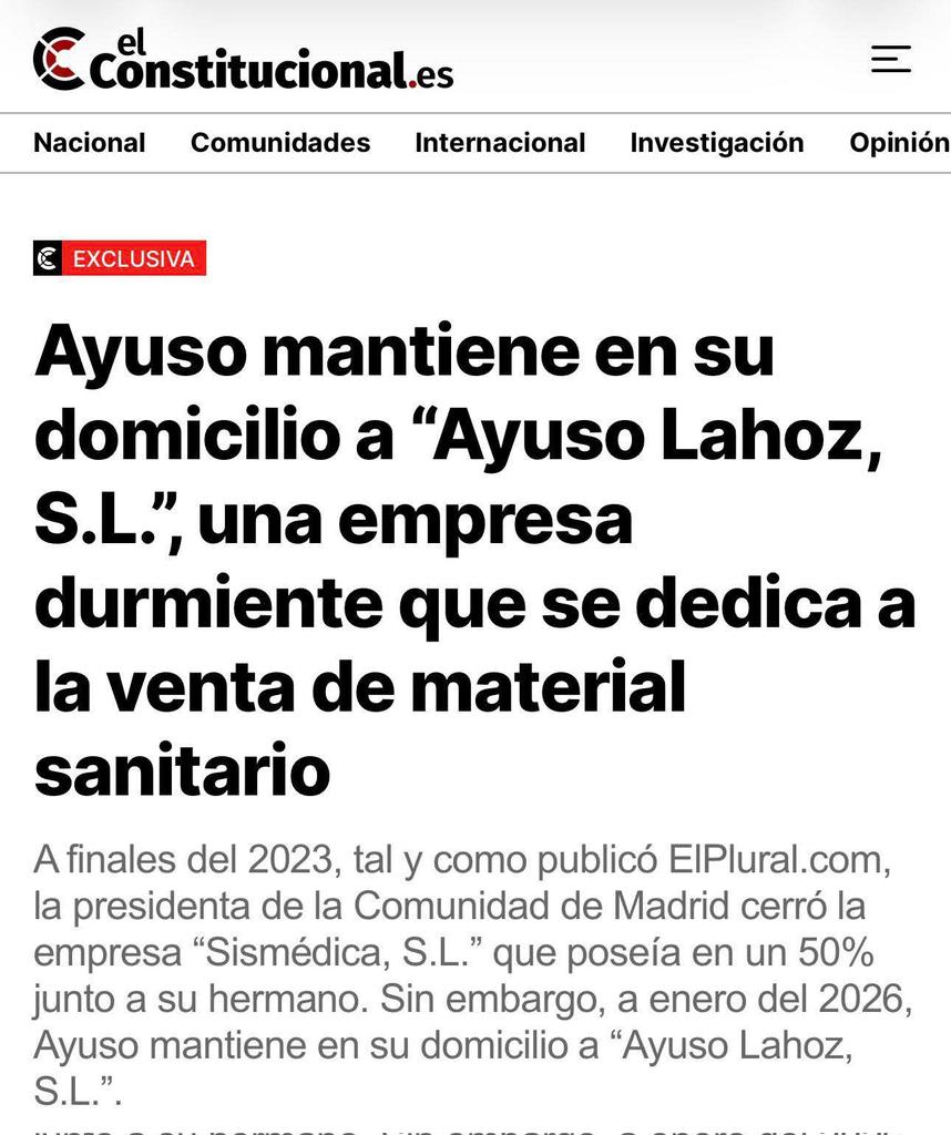 ‼️ Ayuso ocultó en su declaración de bienes que tenía el 50% de Sismédica S.L.

Ahora mantiene en su casa otra empresa familiar dedicada a vender material  de su negociete privado sanitario...

Para entender por qué privatiza la sanidad, hay que mirar el negocio del clan Ayuso..