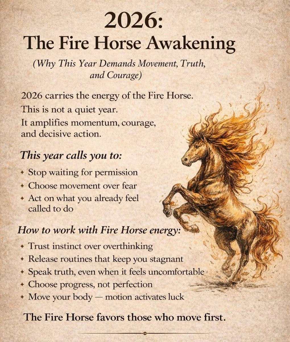 2026: The Fire Horse 🔥🐎

Not A Quiet Year.
Momentum. Courage. Action.
Stop Waiting For Permission.
Move First. Speak Truth.

The Fire Horse Favors The Bold ✨