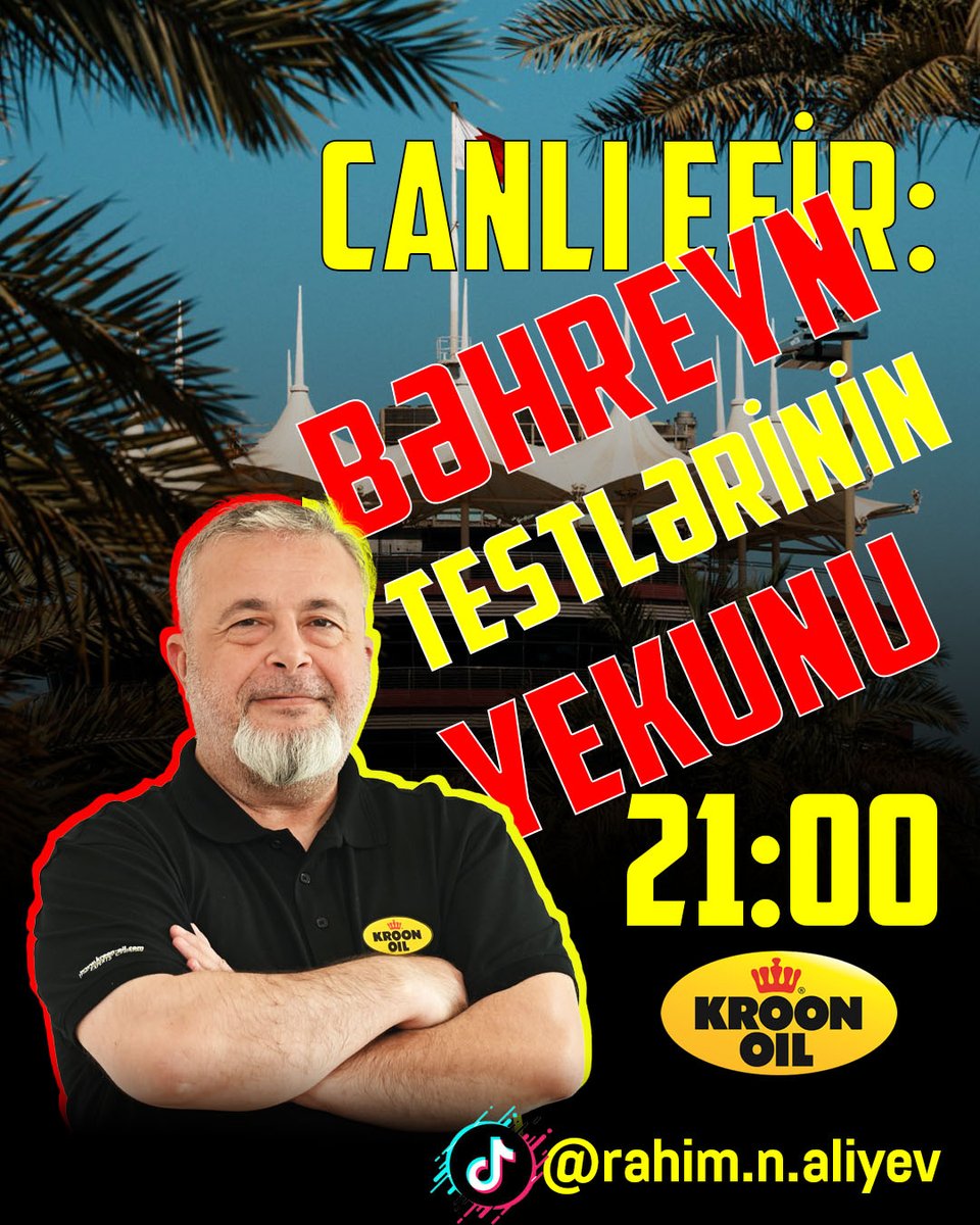 RahimNAliyev's tweet photo. Hörmətli avtoidman həvəskarları. Bəhreyndə daha bir test seriyasını başa vurduq. Danışmalı, müzakirə etməli mövzular çoxdur. Ona görə də hamınızı axşam saat 21:00-da TikTok kanalında CANLI yayıma dəvət edirəm.
 
Efirdən dərhal sonra sizin də sualları cavablandıracağam, inşəAllah https://t.co/mvqkuQSUSB