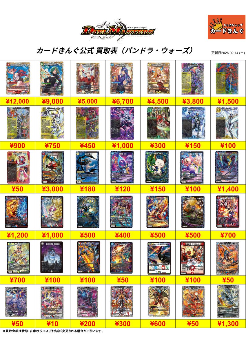 デュエルマスターズ最新弾 「パンドラ・ウォーズ」の買取表です