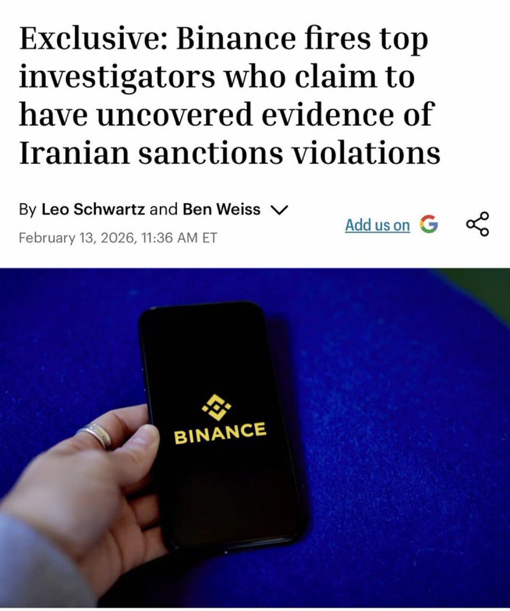 🚨 突发消息：据《财富》（Fortune）报道，币安（<a href="/binance/">Binance</a>）在内部调查人员发现与伊朗有关联的实体在 2024 年 3 月至 2025 年 8 月期间通过该交易所转移了超过 10 亿美元资金、可能违反美国制裁法律之后，解雇了多名内部调查人员。