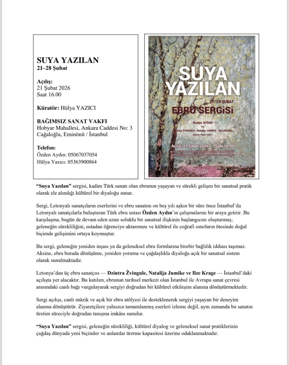 bagimsizsanat's tweet photo. Bağımsız Sanat Vakfında 21 Şubat 16.00’da açılacak olan “SUYA YANSIYAN” sergisi, İstanbul’da aldıkları ebru derslerini geliştirerek farklı bir üslup yakalayan bir gurup Letonya’lı kadın sanatçı ve Türk ebrucu Özden Aydın’ın çalışmalarından oluşuyor. On gün süreyle izlenebilecek. https://t.co/HqO8y9DXXB