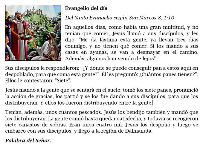 « Pan, para el milagro »

Lectura del Santo Evangelio según San Marcos 8, 1-10 vía <a href="/Catholicnet_es/">Catholic.net</a>

Sábado #14Febrero 5ª semana de tiempo ordinario.

San Valentín.

#Biblia #PalabraDeDios #Evangelio #SantoEvangelio #EvangelioDelDia #EvangelioDeHoy #FelizSabado #14Feb

❤️🔁