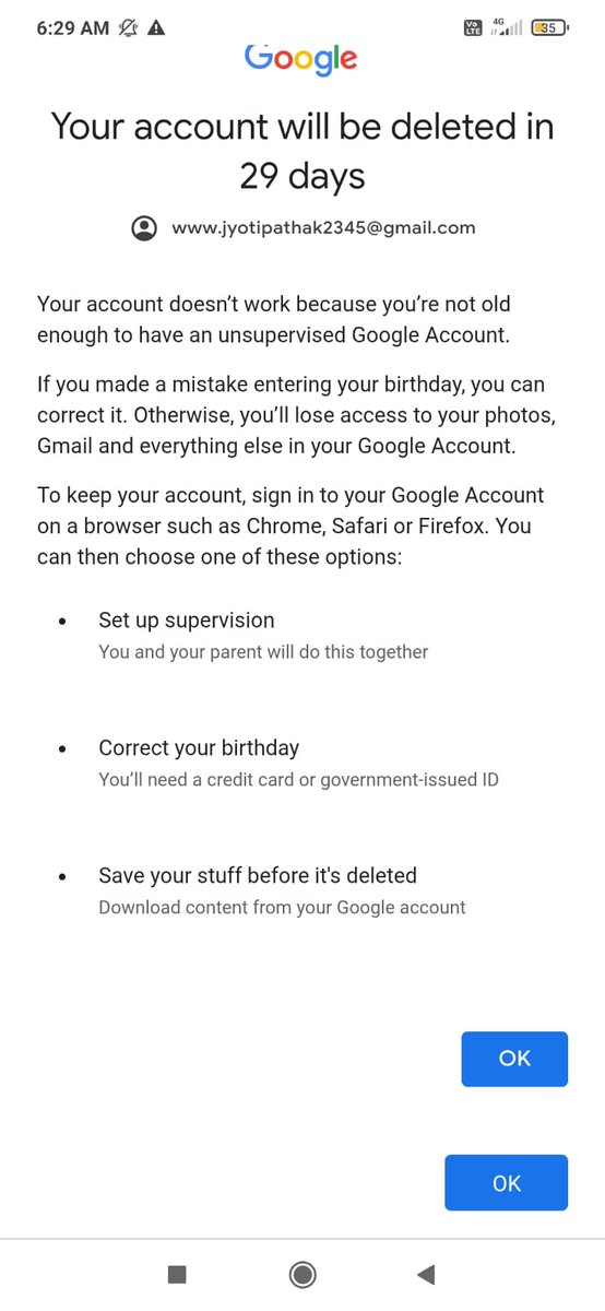 My Google account shows deletion warning due to age issue.
When trying to correct my birthday, the Government ID verification option does not appear at all.
This seems like a software issue and is causing serious trouble.
Please help
<a href="/gmail/">Gmail</a> <a href="/Google/">Google</a> <a href="/GoogleIndia/">Google India</a>