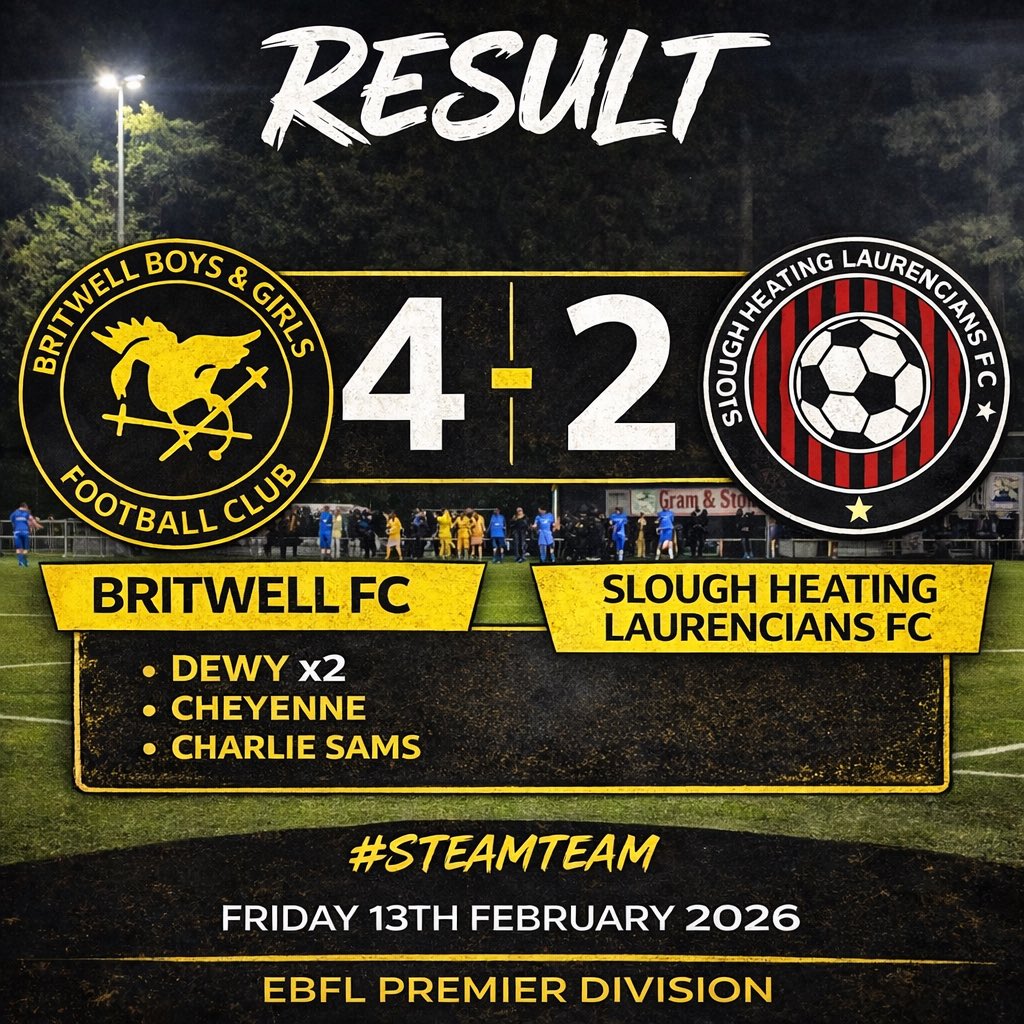 Britwell_FC's tweet photo. Right let’s try again 😂 

A very good 4-2 win yesterday evening vs @SHLfc_official in a competitive and enjoyable game. 

A healthy crowd of 186 @BurnhamFC1878 

Goals :

Cheyenne ⚽️
Dewy ⚽️⚽️
Charlie Sams⚽️

@EastBerkshireFL @NonLeagueCrowd @fiberkshire @cfeasey8 @DonnyNo6 https://t.co/R9HWLnbBx5