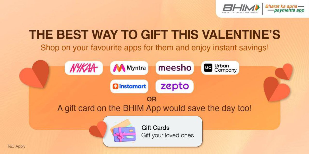 dealztrendz's tweet photo. Bhim App : Valentine's Day Shopping Deals

App Link : https://t.co/3uaAuasmuo

• Nykaa : ₹100 Cashback On ₹200 min.
• Myntra : ₹100 Cashback On ₹300 min.
• Meesho : ₹5 off on ₹99+
• Urban Co. : ₹100 Cashback On ₹199+.
• Instamart : ₹20 off on ₹199+
• Zepto : ₹25 off on ₹299+