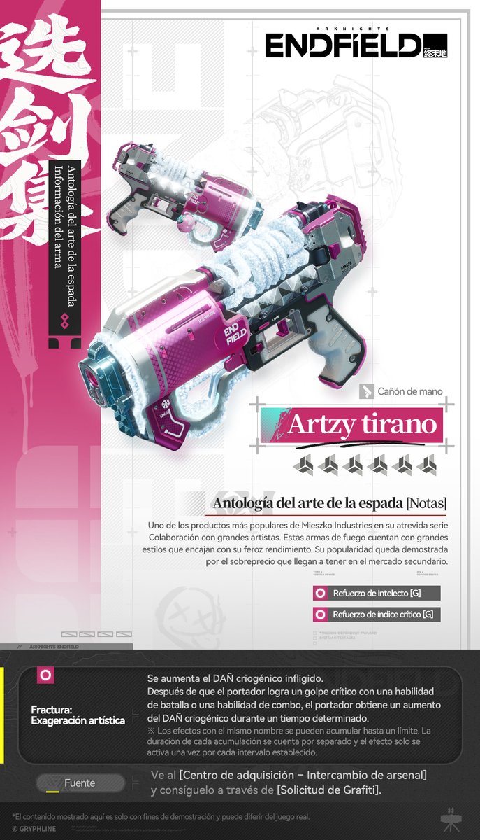 Información del arma | Artzy tirano (Cañón de mano)

Uno de los productos más populares de Mieszko Industries en su atrevida serie Colaboración con grandes artistas. Estas armas de fuego cuentan con grandes estilos que encajan con su feroz rendimiento. Su popularidad queda