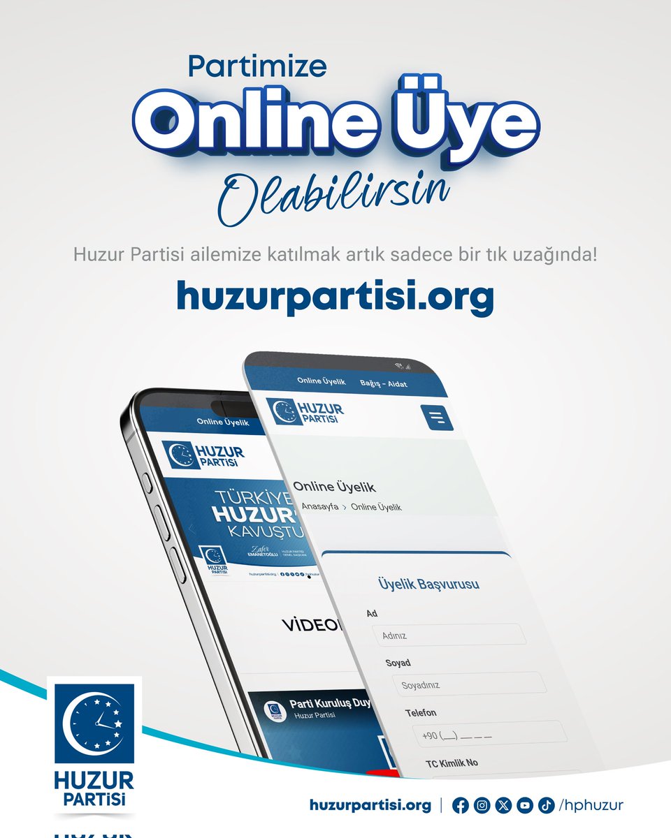 Güçlü ekonomi, güvenli toplum, adaletli yarınlar…
Bu bir hayal değil, kararlı kadroların hedefidir!

Huzur Partisi’ne üye ol, Türkiye’nin yarınını birlikte inşa edelim!

huzurpartisi.org/uyelik

#HuzurPartisi #OnlineÜyelik