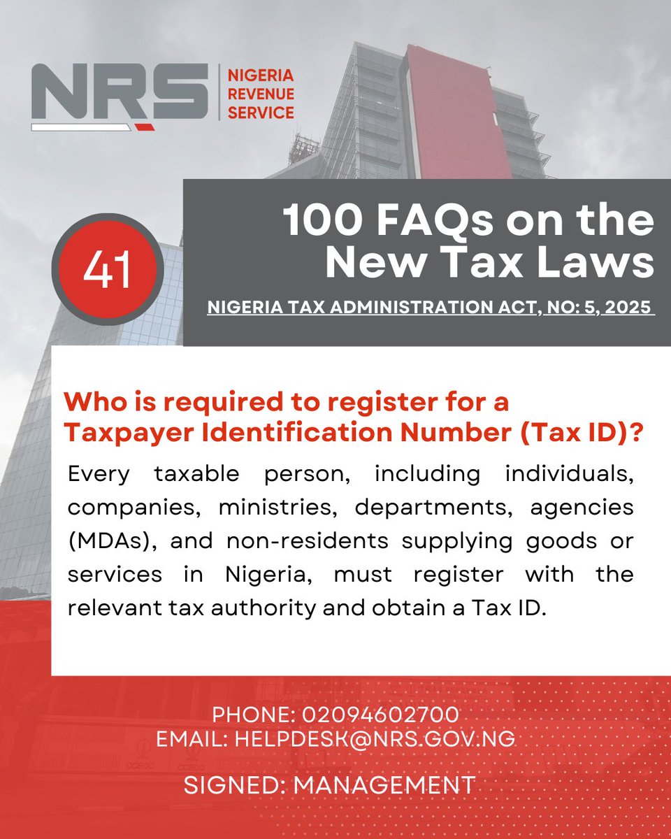 NigeriaRevenue's tweet photo. Day 5: The New Tax Laws are here. Check out our FAQs for clear answers and guidance 📑. #NRS #NewTaxLaws https://t.co/qld7UNCsti