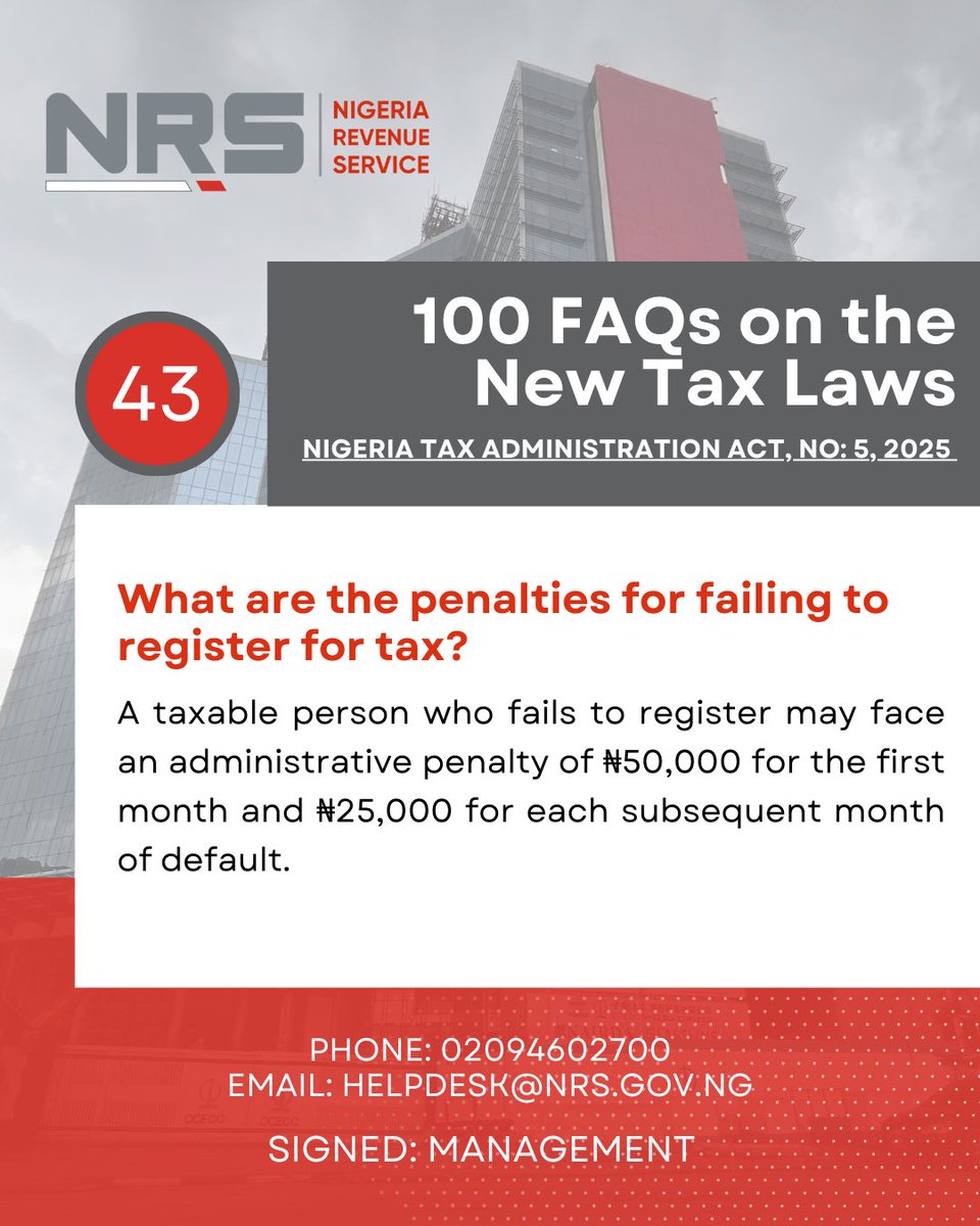 NigeriaRevenue's tweet photo. Day 5: The New Tax Laws are here. Check out our FAQs for clear answers and guidance 📑. #NRS #NewTaxLaws https://t.co/qld7UNCsti