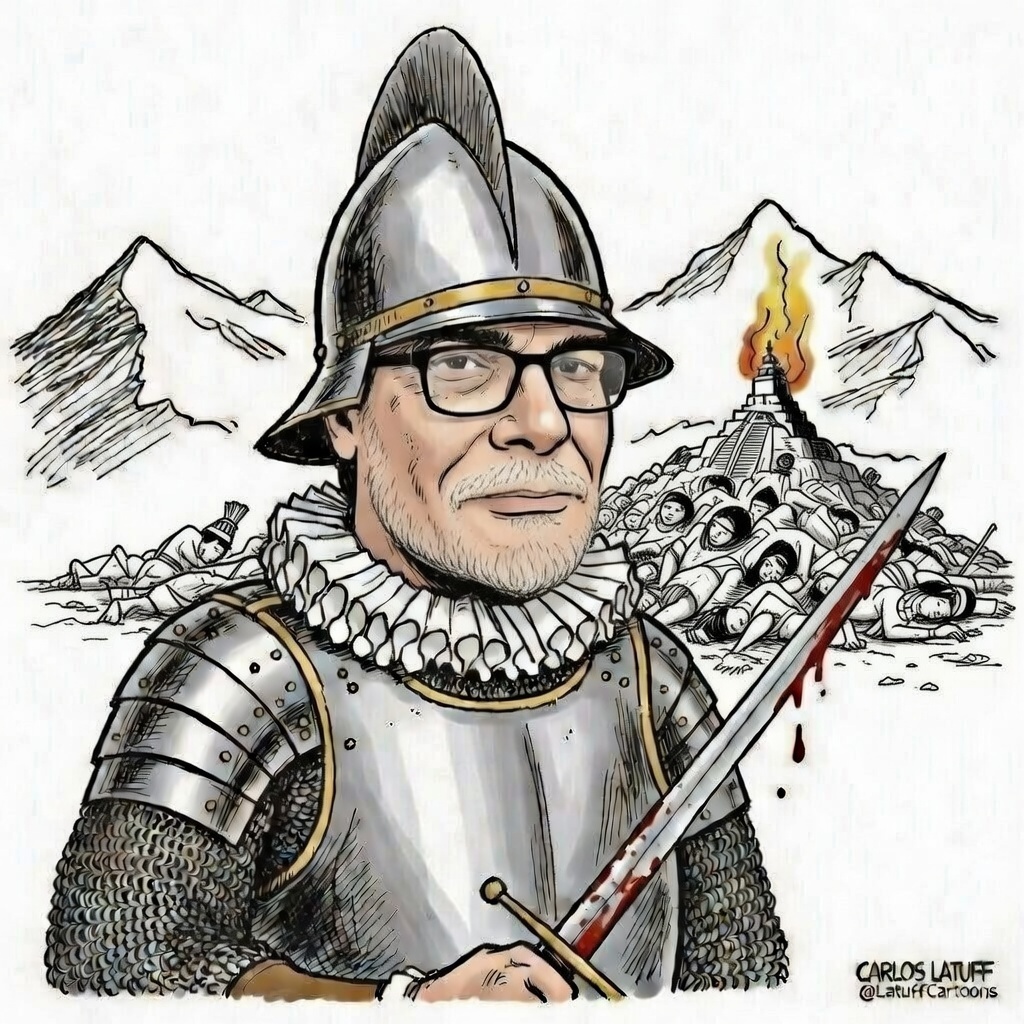 Carlos Latuff x.com/LatuffCartoons　と言うブラジルのイラストレーターが　高市さんの風刺画をポストしてるけど、

こいつ、名前からしてスペイン系なんで、つまりこいつの先祖は南米で大虐殺をやってたはずなんですよね。

そしてものの見事に　親パレスチナ