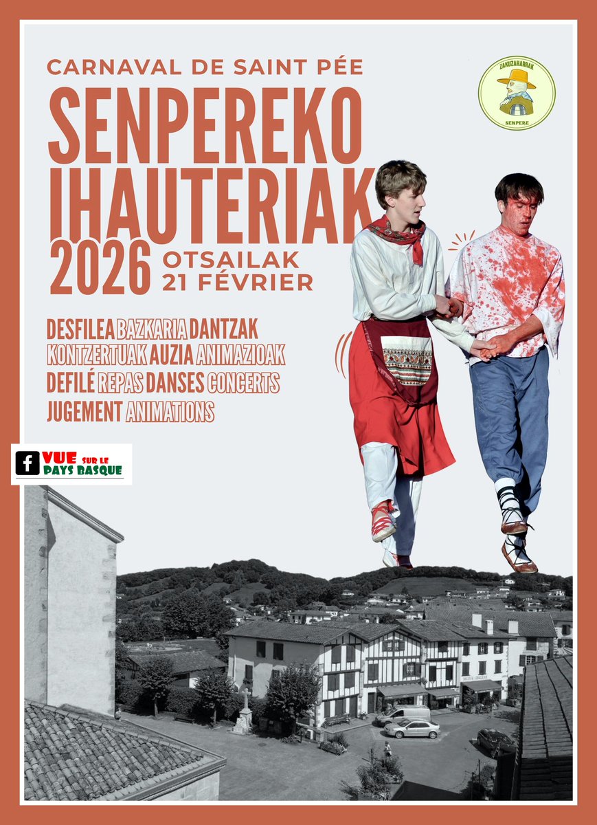 Carnaval 2026 à Saint-Pée-sur-Nivelle
samedi 21 février

Au programme 
vuesurlespyrenees.blogspot.com/2026/02/carnav…

organisé par L'association Zakuzaharrak Senpere
défilé, repas, danses, concerts, jugement et animations 

#paysbasque #carnaval #tradition