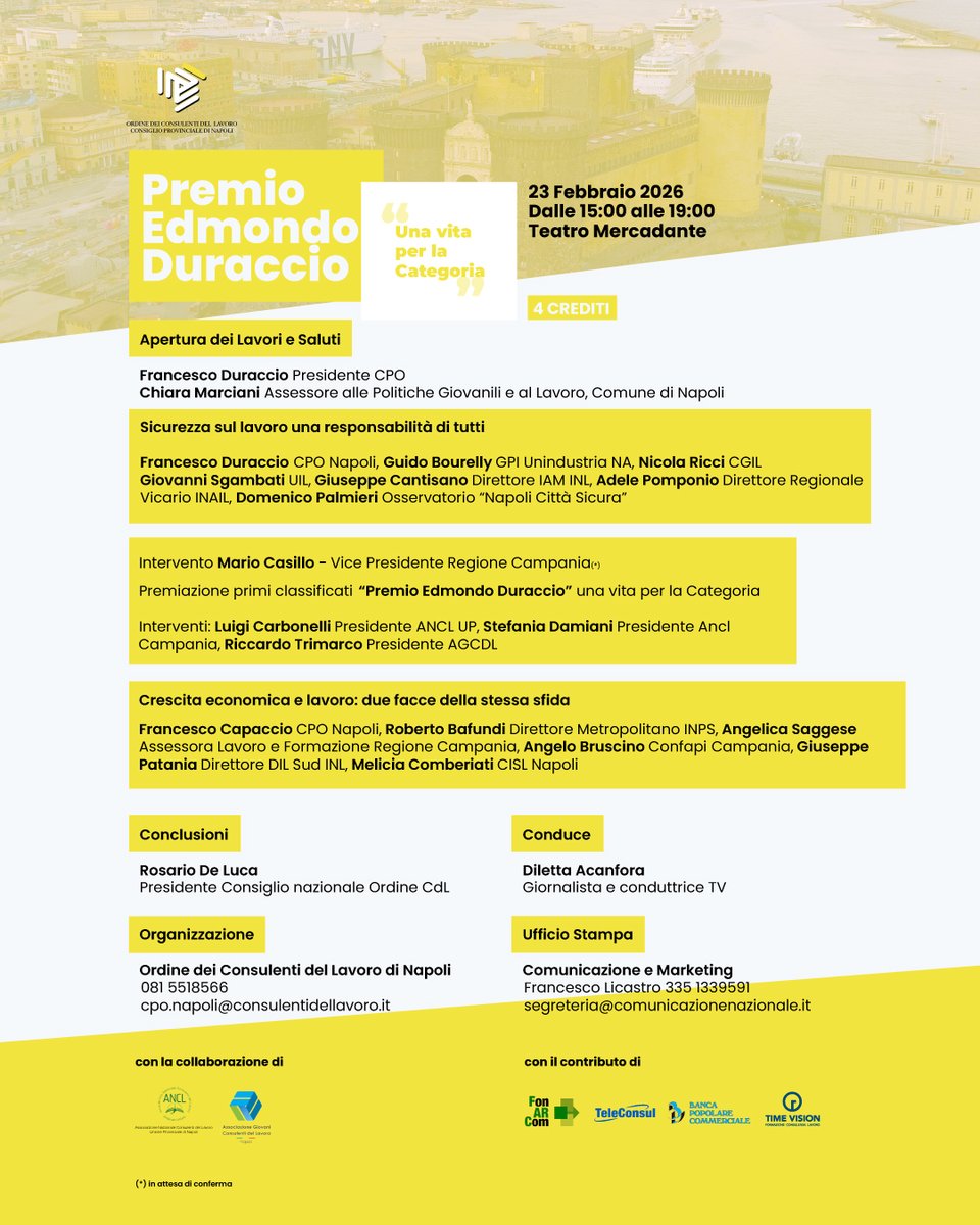 📣 𝐏𝐑𝐎𝐆𝐑𝐀𝐌𝐌𝐀 𝐔𝐅𝐅𝐈𝐂𝐈𝐀𝐋𝐄
Premio Edmondo Duraccio – Una vita per la Categoria
🗓 23 febbraio 2026
🕒 15:00 – 19:00
📍 Teatro Mercadante – Napoli
Uno degli appuntamenti più importanti per la nostra comunità professionale.
Ti aspettiamo.