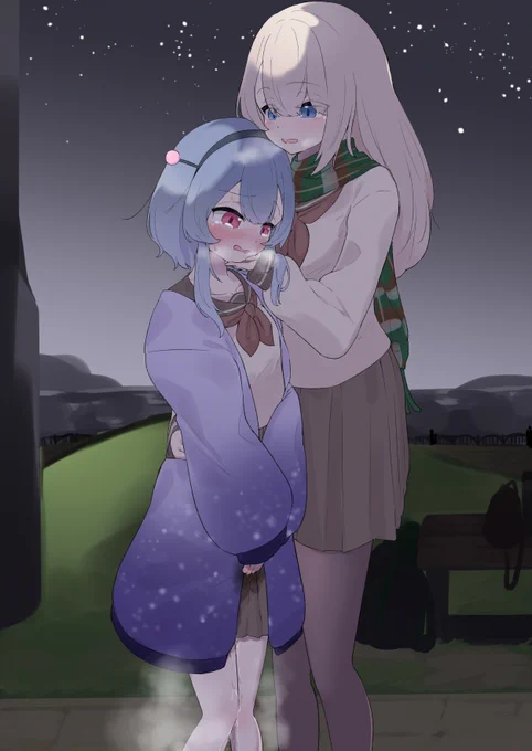 #だれのおしっ娘だゲーム2 おもらし部門で参加させていただいています。 自称宇宙人の「加藤未悠(かとう みゆう)」ちゃんと、そんな未悠ちゃんに意地悪しちゃう先輩「虻田史遠(あぶだ しおん)」ちゃんです。 冬の夜は冷え込みます、宇宙との交信をするなら控えめに……