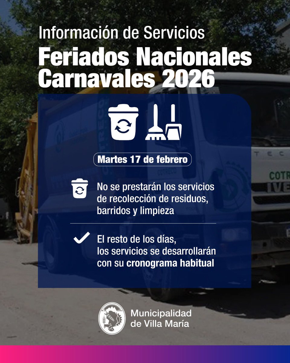 Información de servicios – Feriados Nacionales | Carnavales 2026

📅 Martes 17 de febrero
No se prestarán los servicios de recolección de residuos, barrido y limpieza.

👉 Se solicita a vecinos sacar los residuos durante el día martes 17, para colaborar con el orden y la higiene