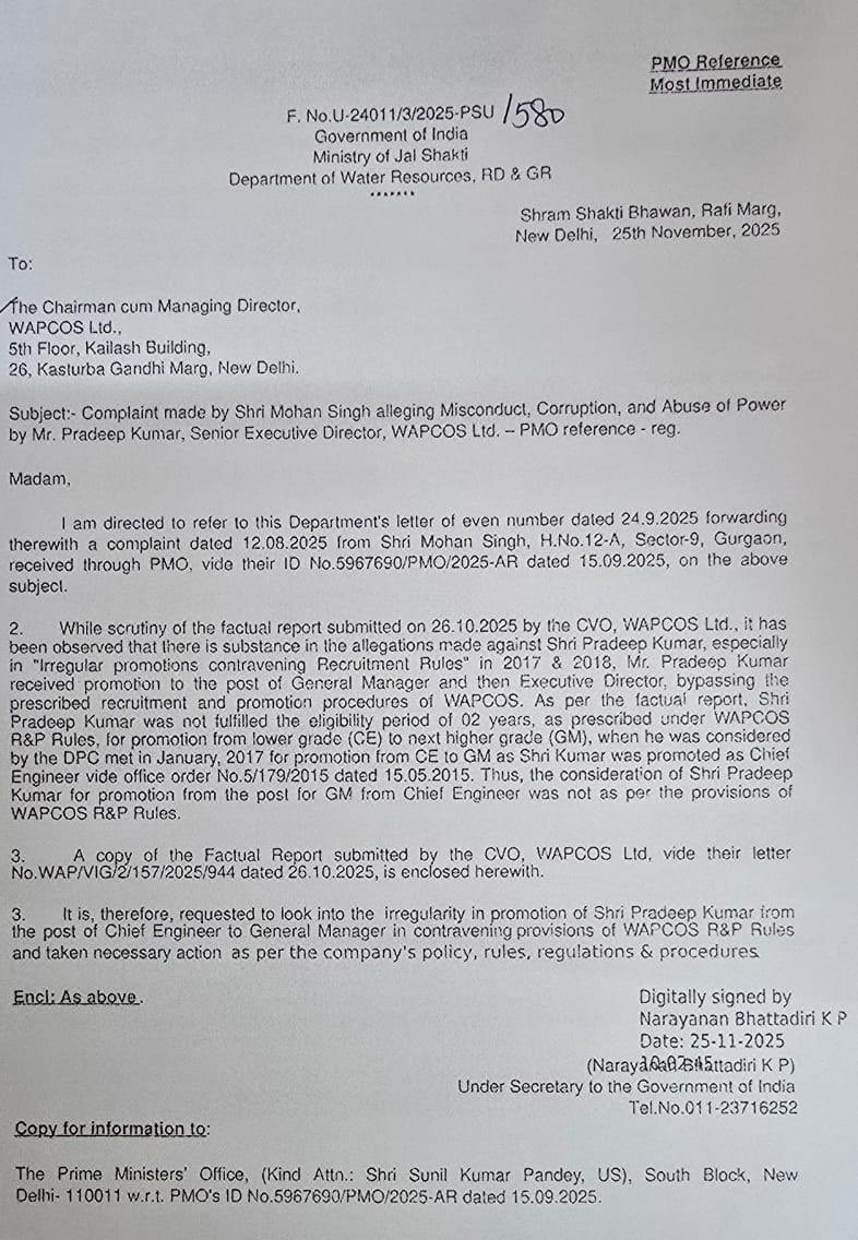 JitendraBaghel_'s tweet photo. Central Govt PSUs WAPCOS & NPCC under the Ministry of Jal Shakti facing serious governance crisis.

After former CMD R.K. Gupta was raided by the CBI with reported recovery of ₹20+ crore cash, followed by his successor R.K. Agarwal was removed in Sept 2025 two years before completing tenure, concerns persist.

Now under the new CMD Smt. Shilpa Shinde IAS,

• Hundreds of employees service are terminated in name of reforms to show artificial profits in the CPSE.

• ₹600+ crore works reportedly processed through confidential grading of contractors instead of open tender.

• A Chief Executive Director, flagged by PMO & Ministry for irregular promotion and corruption concerns, is instead entrusted with the sensitive charge of Head – Contracts & Construction Management.

• NPCC functioning without a Board for the past 7 years.

• A WAPCOS Engineer transferred from Gurugram to Chennai; his request to halt transfer on humanitarian grounds after his son’s demise was not considered, salary reportedly stopped, and he later died of cardiac arrest.

• Serious perception of a batchmate nexus — the CMD and the Ministry’s administrative nominee on the PSU Board are batchmates — raising concerns that complaints within the Ministry are being quietly shielded, with accountability reduced to “you scratch my back, I scratch yours.”

Is this “Sabka Saath- Sabka Vikas” 
or “Bureaucrats’ Saath- BJP’s Vikas?”

#NewIndia