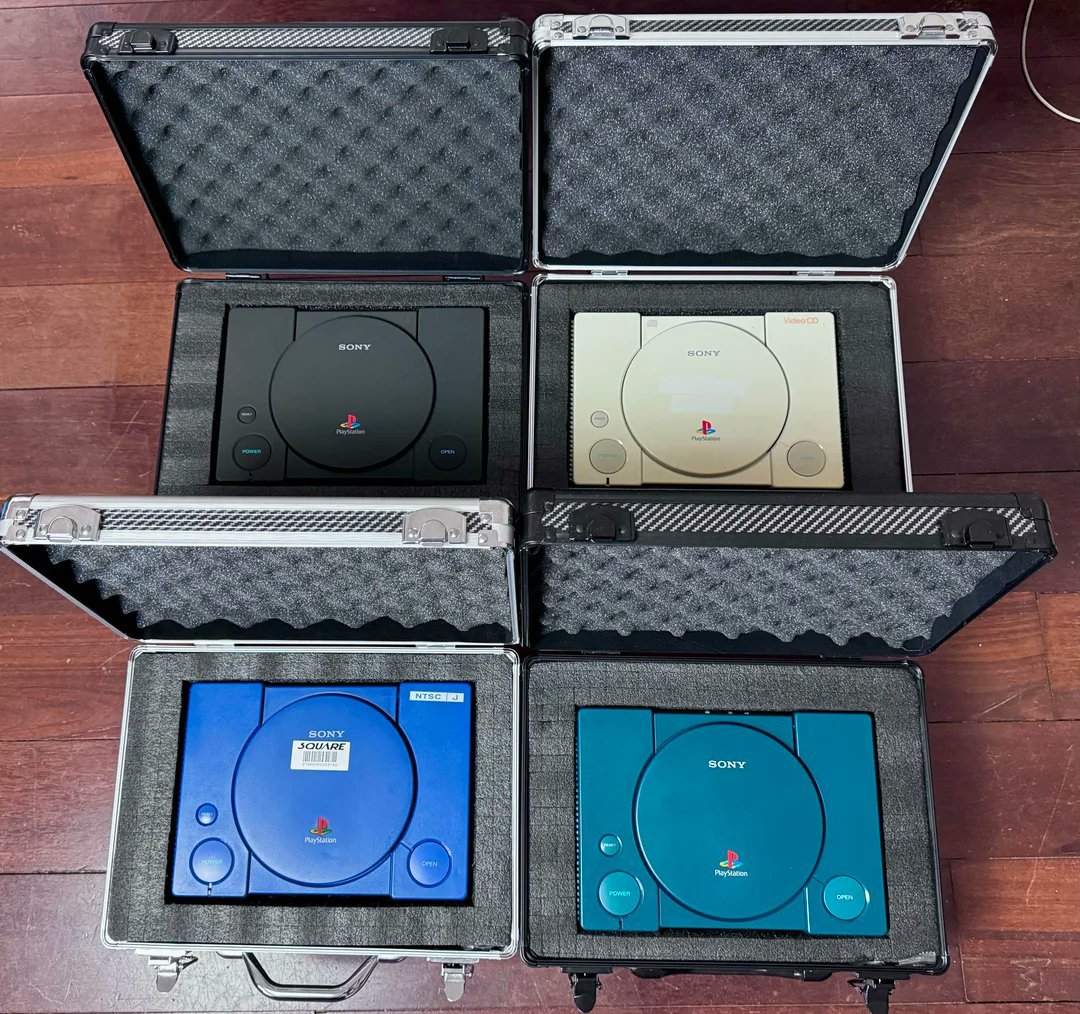 Black Net Yaroze DTL-H3000, White SCPH-5903 Video CD, Blue Debugging Station DTL-H1100, and Green Debugging Station DTL-H1200.