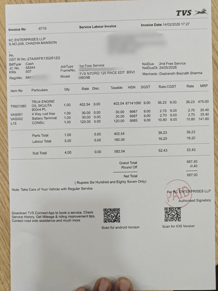 nrb7240's tweet photo. My TVS Ntorq 
First free service 687 rs
Is it normal,
For me it's costly
Also my showroom experience is also not good
I already raise complaint to customer care

@tvsmotorcompany @Zigwheels https://t.co/Fi8kcCVgRU