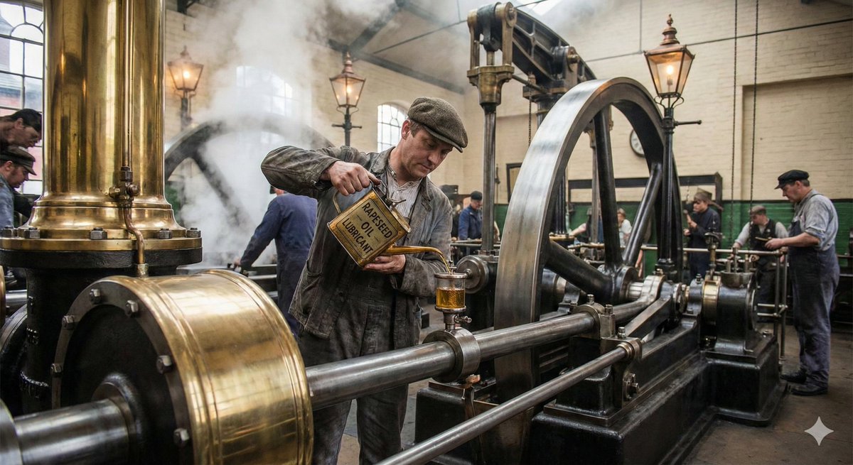 Rapeseed has been grown for 4,000 years. The Romans burned it in lamps. Medieval Europeans used it for lamp oil. The industrial revolution used it to lubricate steam engines. It worked brilliantly: high heat tolerance, doesn't break down easily. Perfect for machinery. Toxic for