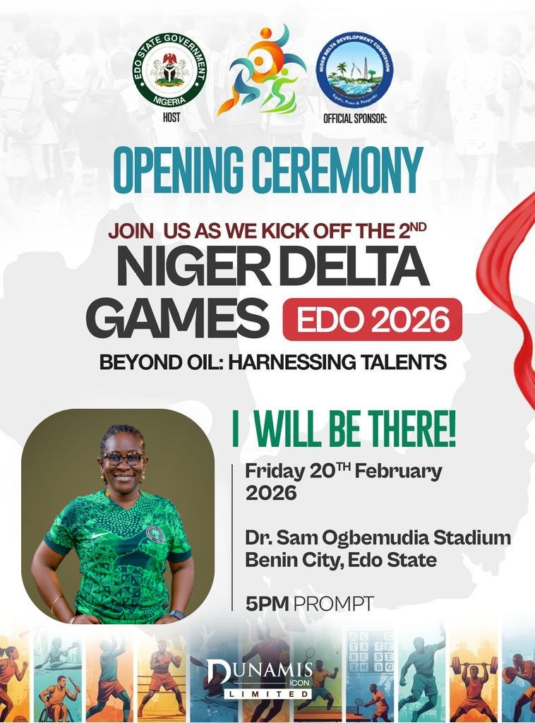 Join us as we kick off the 2nd Niger Delta Games – Edo 2026.

📍 Dr. Samuel Ogbemudia Stadium, Benin City
🗓 20th February 2026
⏰ 5PM Prompt

I will be there. Let’s celebrate talent, unity and opportunity beyond oil.

#NDG2026 #Edo2026 #NigerDeltaGames #OpeningCeremony