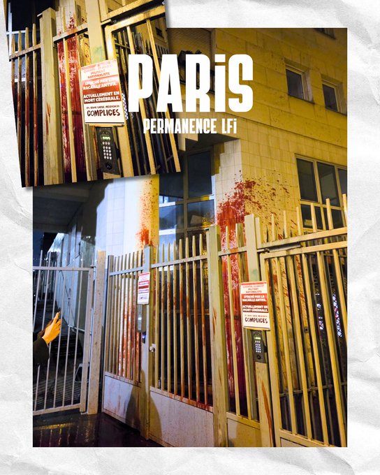 Des permanences LFI recouvertes de peinture couleur sang dans toute la France après le passage à tabac de Quentin