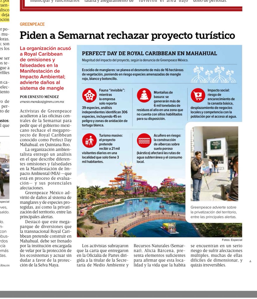 Pide <a href="/greenpeacemx/">Greenpeace México</a> a <a href="/SEMARNAT_mx/">SEMARNAT México</a> rechazar megaproyecto turístico #PerfectDay de Royal Caribbean en #Mahahual, Quintana Roo.
Acusa omisiones y falsedades en la Manifestación de Impacto Ambiental. 
Vía <a href="/Excelsior/">Excélsior</a>