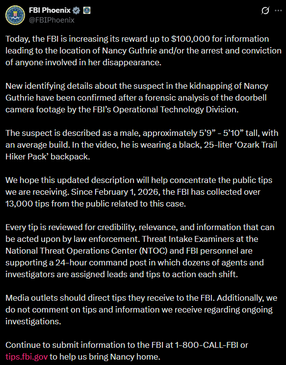 BREAKING🚨: FBI Raises Reward to $100,000 in Nancy Guthrie Case

The FBI has increased its reward to $100,000 for information leading to Nancy Guthrie’s location and/or the arrest and conviction of anyone involved in her disappearance.
Officials confirmed new suspect details