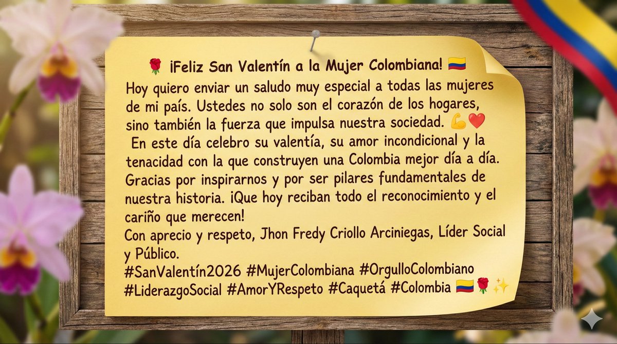 JhonFCriollo's tweet photo. "¡Feliz San Valentín, Mujer Colombiana! 🌹🇨🇴 Gracias por ser la fuerza y el corazón que construye nuestro país. Mi admiración siempre. Jhon Fredy Criollo." https://t.co/tY6fJqvfjA