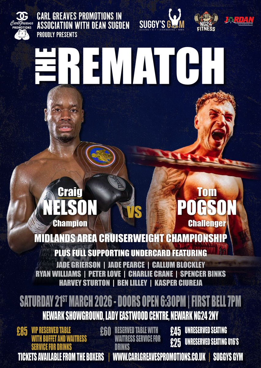 CarlGreavesPro's tweet image. 5 weeks tonight 
#THEREMATCH 
@MidlandsBBBofC #cruiserweight 
#NelsonvPogson 
Plus a great undercard featuring local talent 🥊
@NewarkShowgrd 
🎟 from the boxers or
carlgreavespromotions.co.uk