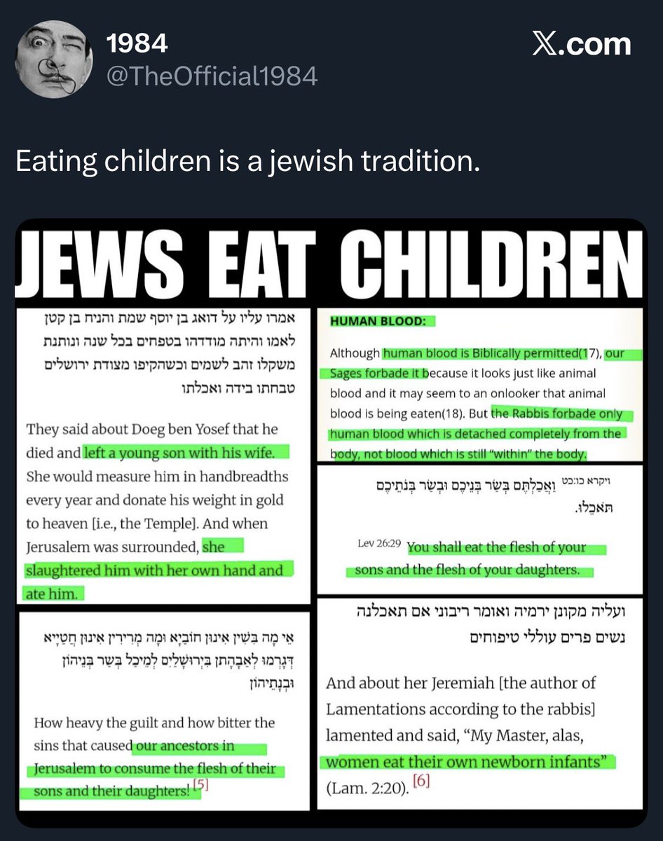 I’ve never eaten children, but maybe I was just left out of the tradition.

Amazing how much I’m learning about Judaism from internet schizos.