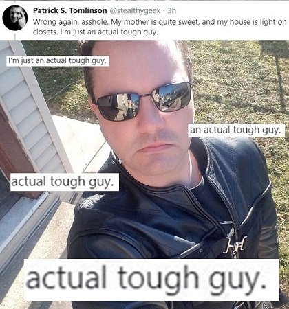 tyneedhamagain's tweet photo. @marie_lohman @epicthundercat @theliamnissan @dannyspud_ The guy responding to you (@stealthygeek) thinks violence is acceptable when his feelings get hurt. Meanwhile, he got arrested for threatening a woman &amp; a baby. Real tough guy. Also he's using a headshot that's over 10 years old. Much heavier now. Pat's out of touch with reality. https://t.co/sDN2J6jQBO