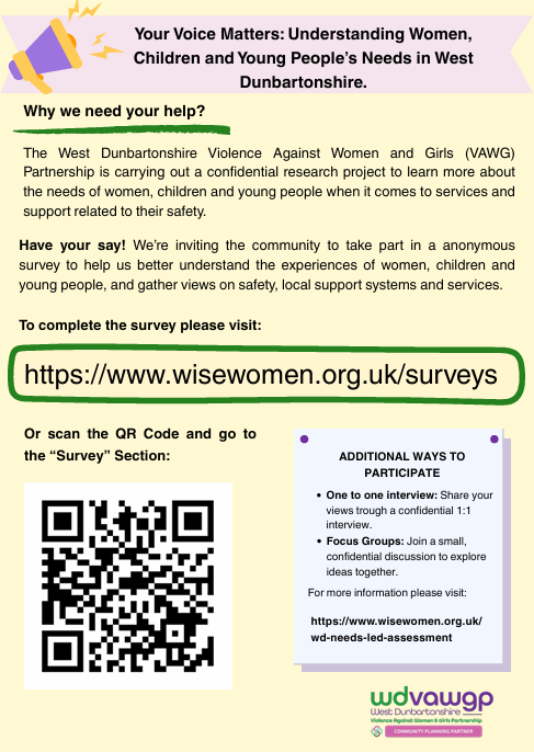 West Dunbartonshire Violence Against Women Partnership is running a needs led assessment to research the needs of women, children and young people who have experienced violence and abuse in the area. Tell them your opinions by completing a survey  wisewomen.org.uk/surveys