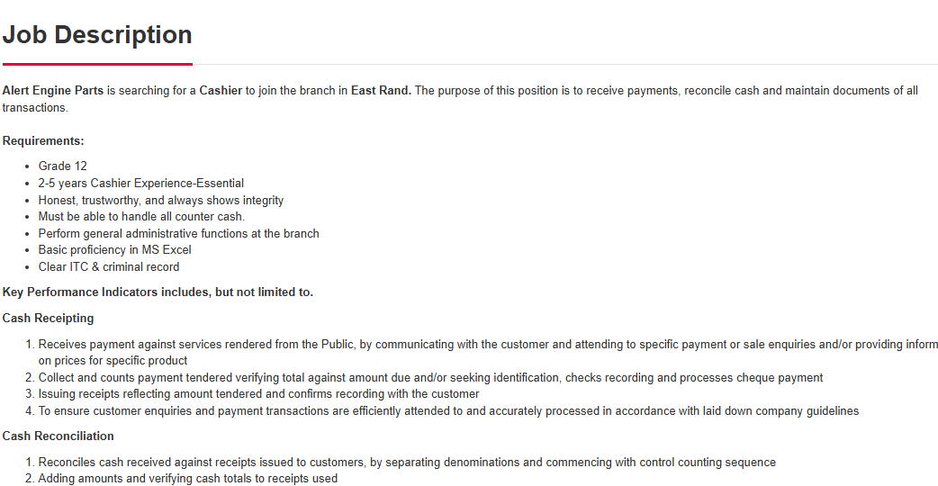 Job Alert!!!

Company: Motus Aftermarket Parts
Position: Cashier
Location: Boksburg, Gauteng
Click here to apply: spanihunter.co.za/single-job/?id…
Closing Date: 19 February 2026

Please refer to the picture for more info