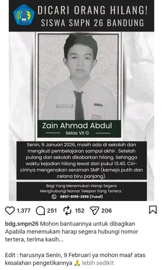Xbacottetangga's tweet photo. Sempat Kirim Pesan Dirinya Diculik, Siswa SMP Bandung Ditemukan Tew#s di Bekas Wisata Kampung Gajah Bandung

Warga Desa Cihideung, Kecamatan Parongpong, Kabupaten Bandung Barat, digegerkan dengan penemuan sesosok mayat di area bekas objek wisata Kampung Gajah Wonderland, Jumat (13/2/2026) malam.

Mayat tersebut ditemukan oleh beberapa orang konten kreator horor saat tengah melakukan ekspedisi penelusuran misteri di lokasi tersebut, Saksi kemudian melaporkan temuan tersebut ke polisi.

"Betul tadi malam kami terima laporan penemuan mayat di lahan eks Kampung Gajah. Jadi saksi yang menemukan sedang melakukan live medsos penelusuran misteri," kata Kapolres Cimahi, AKBP Niko N. Adi Putra, Sabtu (14/2/2026).

Petugas kepolisian yang menerima laporan segera mendatangi lokasi bersama tim identifikasi dan forensik. Aparat langsung melakukan olah TKP serta memasang garis polisi guna mengamankan area dan kepentingan penyelidikan.