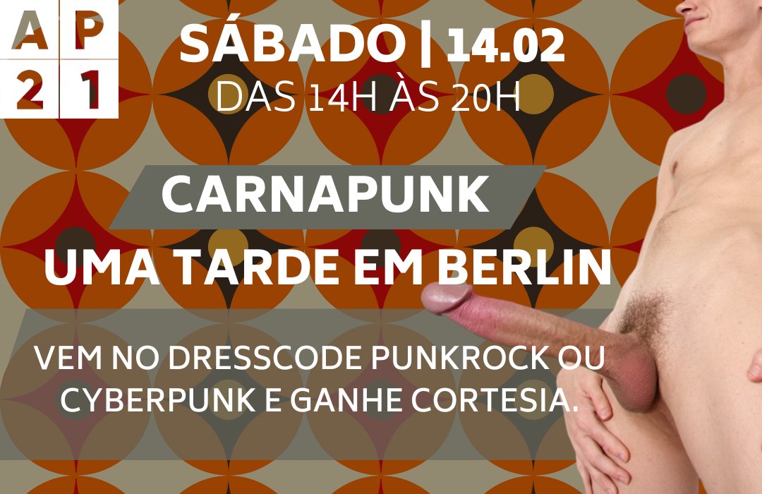 🤘 CARNAPUNK: uma tarde para quem curte um carnaval alternativo.
🎸Capricha no look punkrock ou cyberpunk e ganhe uma cortesia.
🥳 AP 21 aberto todos os dias de Carnaval das 14h às 20h.
💥 Bora bombar a bagaça!