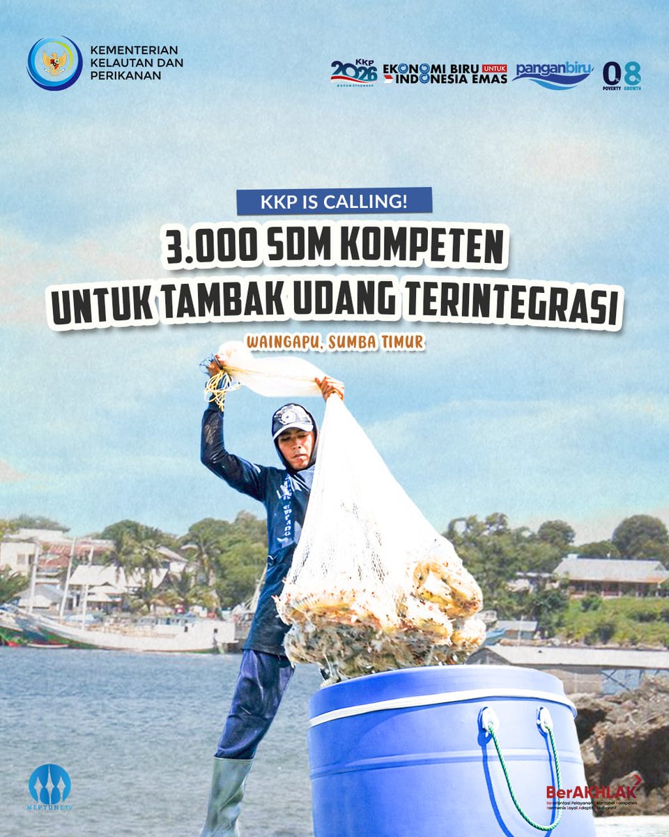 BMalagapi's tweet photo. KKP IS CALLING!
Jadilah bagian dari SDM kompeten untuk mendukung operasional Program Budi Daya Udang Terintegrasi di Waingapu.
Ikuti program kelas khusus untuk mengisi posisi yang dibutuhkan. Pendaftaran dibuka 10 Februari 2026, pukul 16.00 WIB. GRATIS! 
YUK! Jadi bagia https://t.co/R8T4Sl4JeT