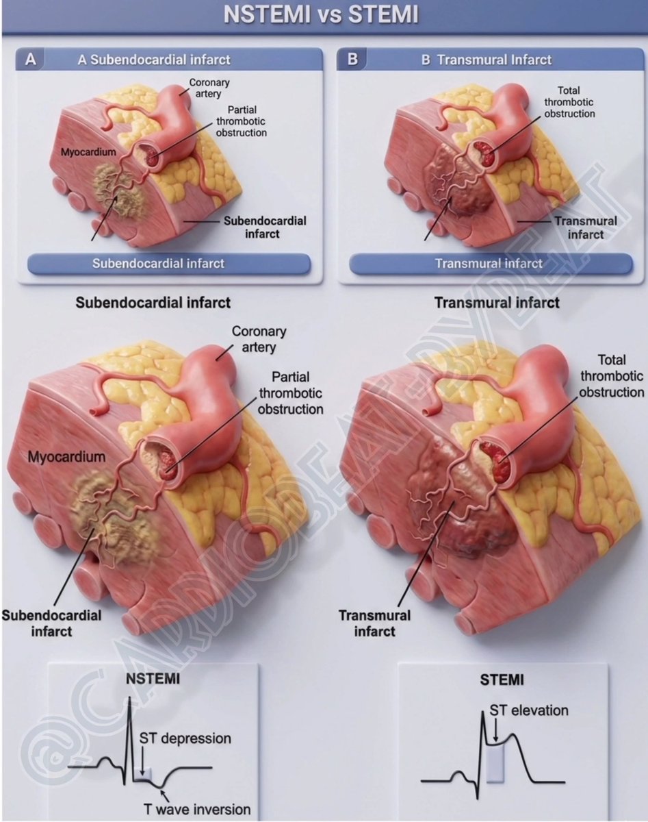 facebook.com/share/p/171RPb…
🔹STEMI: total coronary occlusion causing transmural infarction &amp; ST-elevation, requiring immediate reperfusion. 
🔹NSTEMI: partial occlusion leads to subendocardial injury with ST-depression/T-wave inversion. 
#CardioTwitter #ACS #STEMI #NSTEMI #ECG