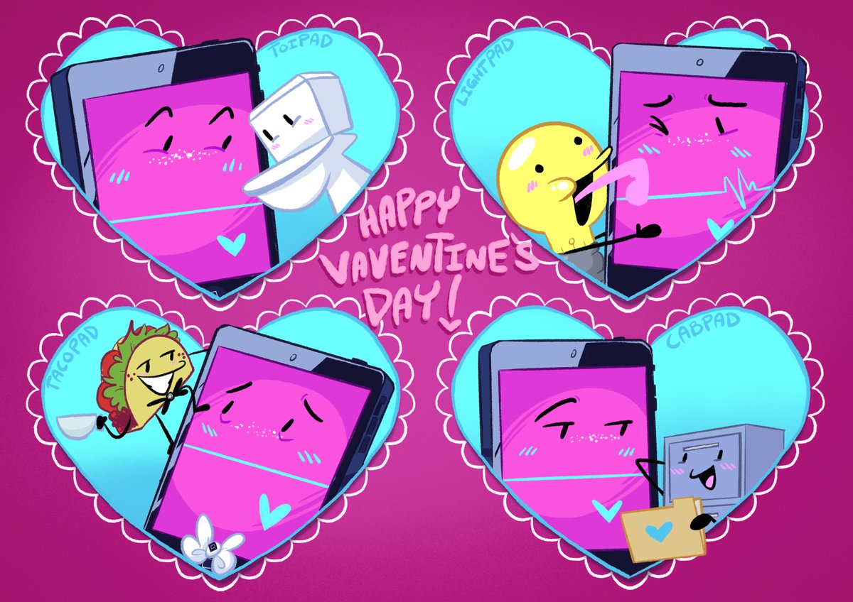 IceTheCatArtist's tweet photo. Drawing MePad everyday until I get the MePad plush day 045 🩵 feat. Toilet, Lightbulb, Taco, and Cabby
HAPPY VALENTINE'S DAY! 🩵
Doodled my fav MePad ships ;u; 🩵
[Each individual in replies]
#inanimateinsanity #ToiPad #LightPad #BrightScreen #TacoPad #SourScreen #CabPad https://t.co/mVQKQylxmb