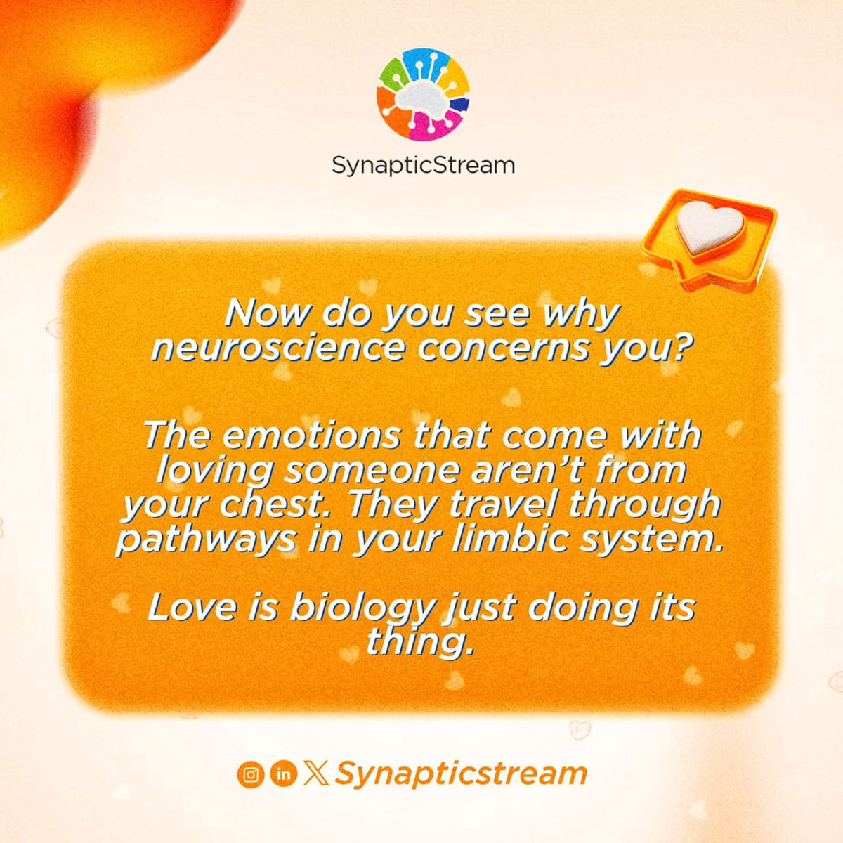 SynapticStream's tweet photo. Leave your anatomical heart out of the connection when you say 'I love you' and give your brain a little credit instead. 

You see why neuroscience concerns you now? 

Happy Valentine's Day from Synaptic Stream. ❤️

#Neuroscience #Love https://t.co/U6S4qCVb9V